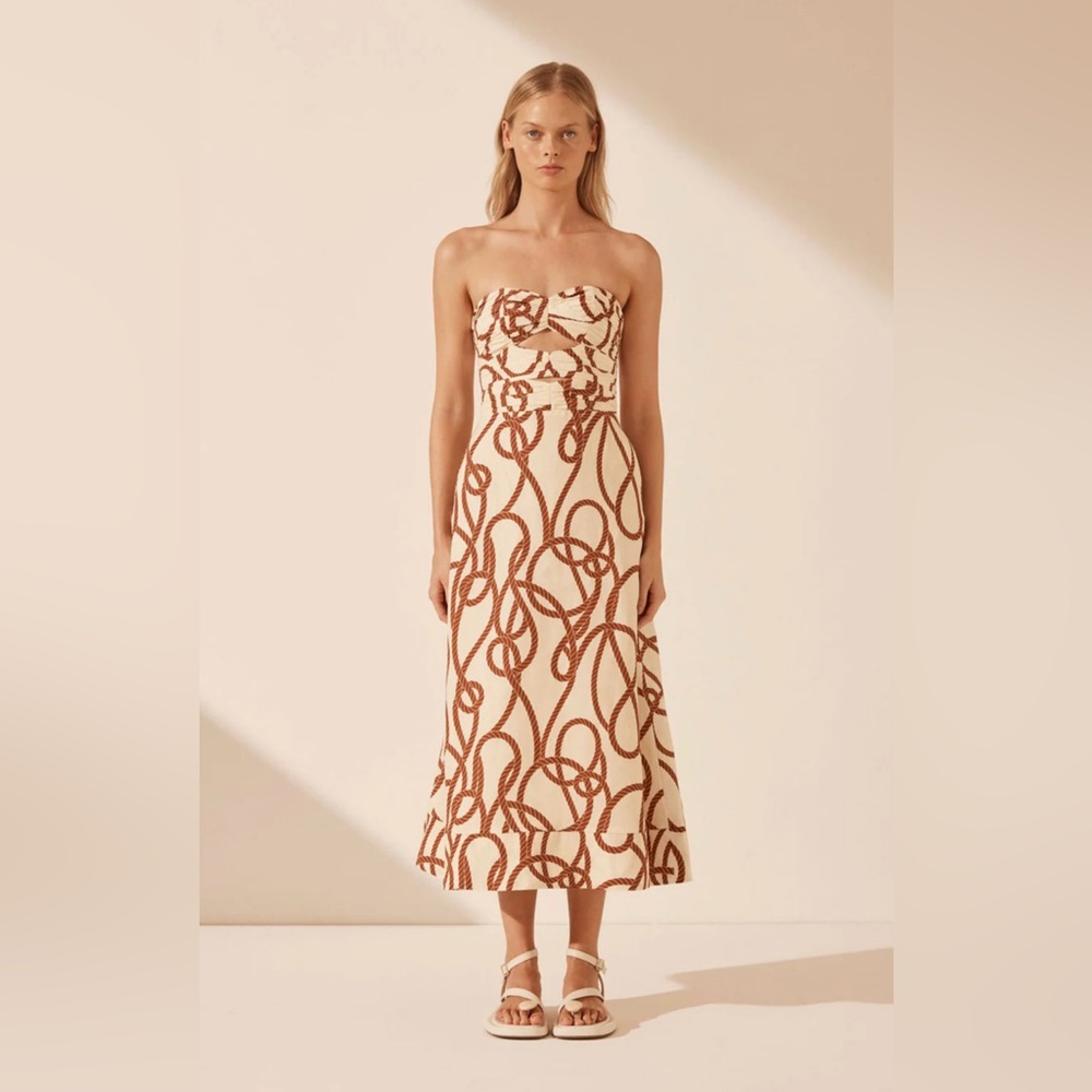 Shona Joy Mouillage Linen Strapless Cut Out A-Line Midi Dress